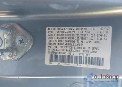 2007 Honda Cr-V Ex from USA, damaged, VIN JHLRE48507C111515